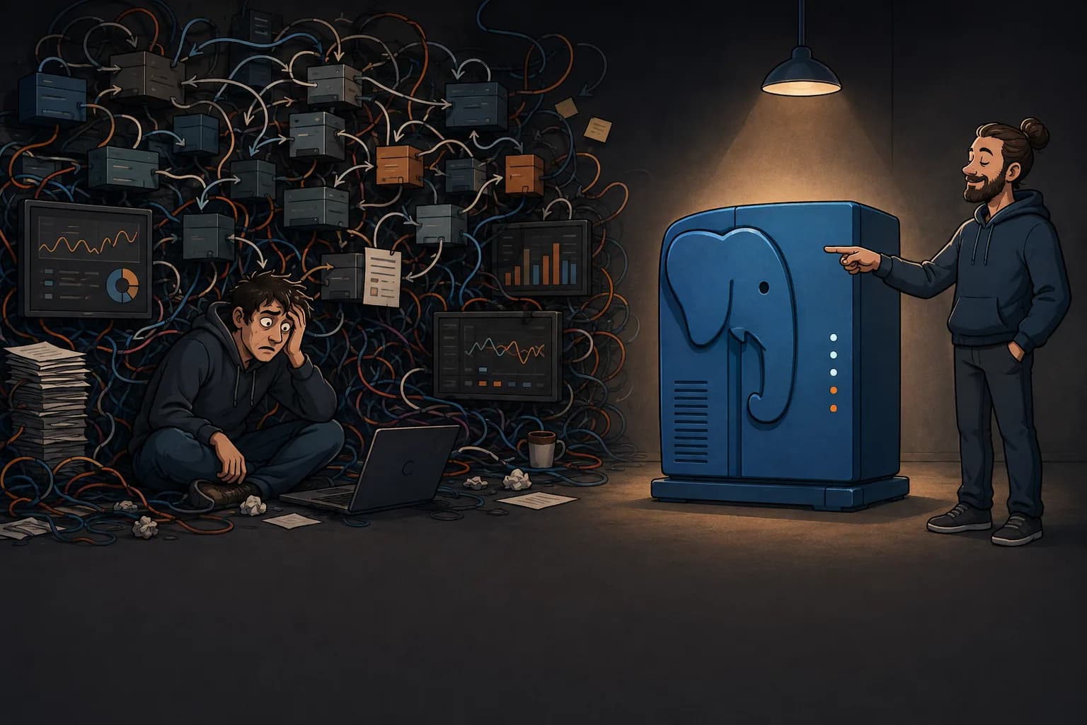 An engineer surrounded by complicated queue infrastructure next to a simple PostgreSQL server